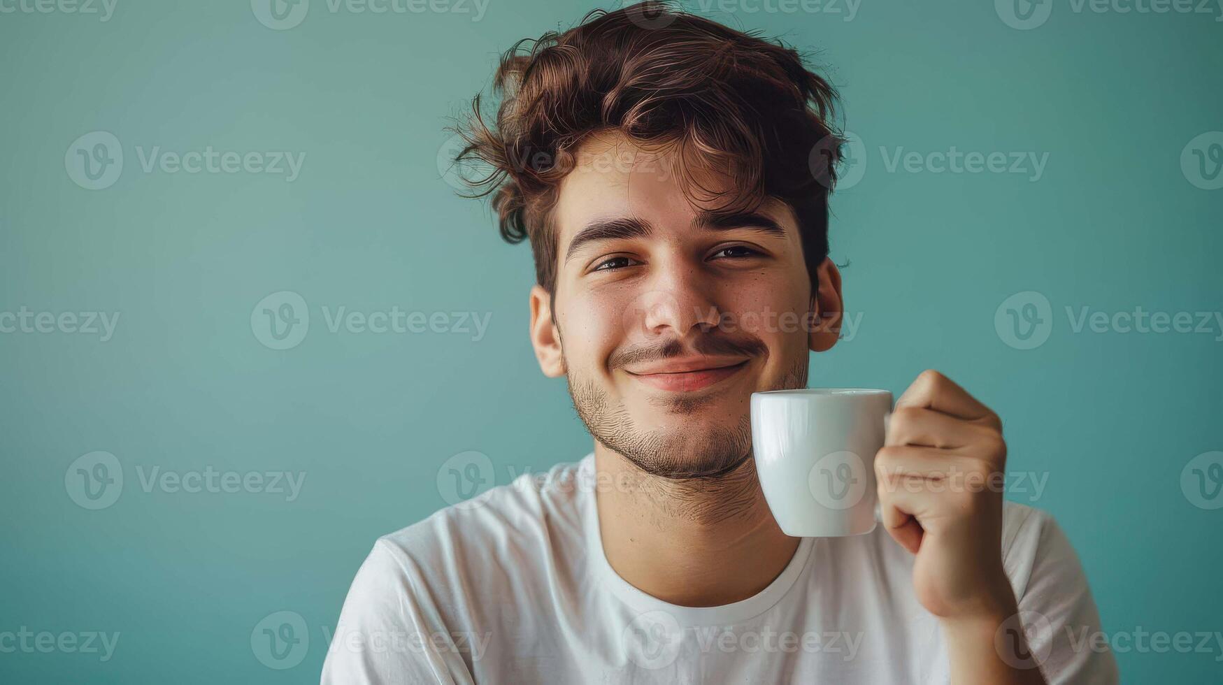 A man is smiling while holding a cup of coffee photo
