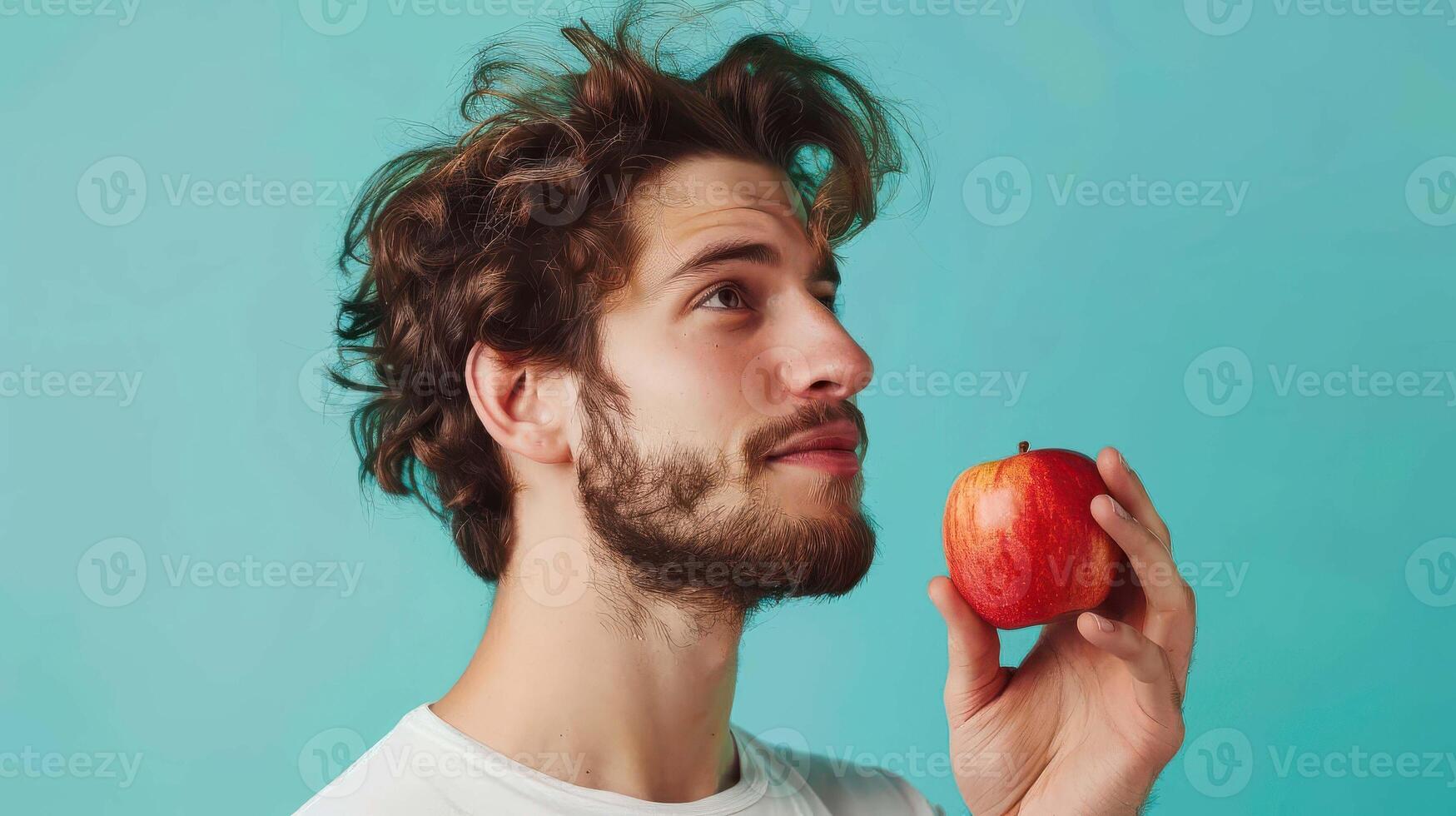 A man with a beard and a red apple photo