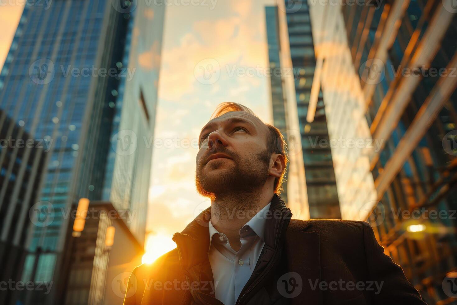 A man is looking up at the sky in a city photo