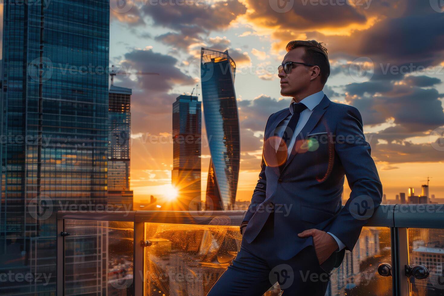 A man in a suit and tie stands on a balcony overlooking the city photo