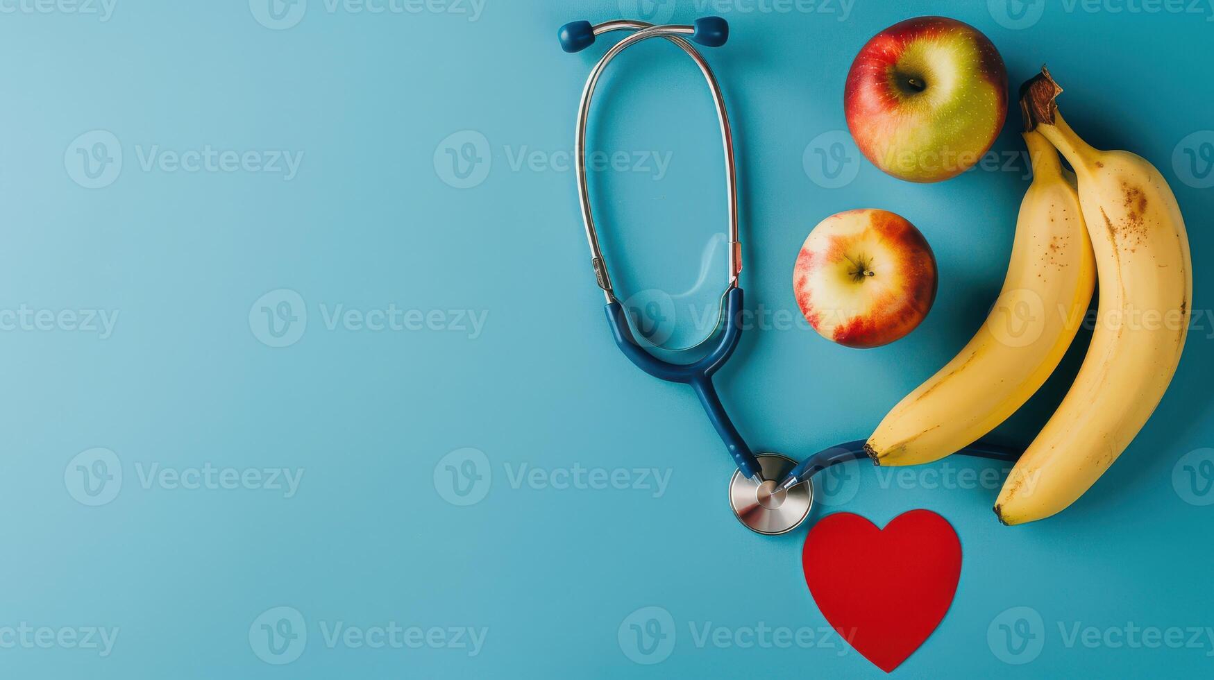 A stethoscope, bananas and apples on a blue background photo