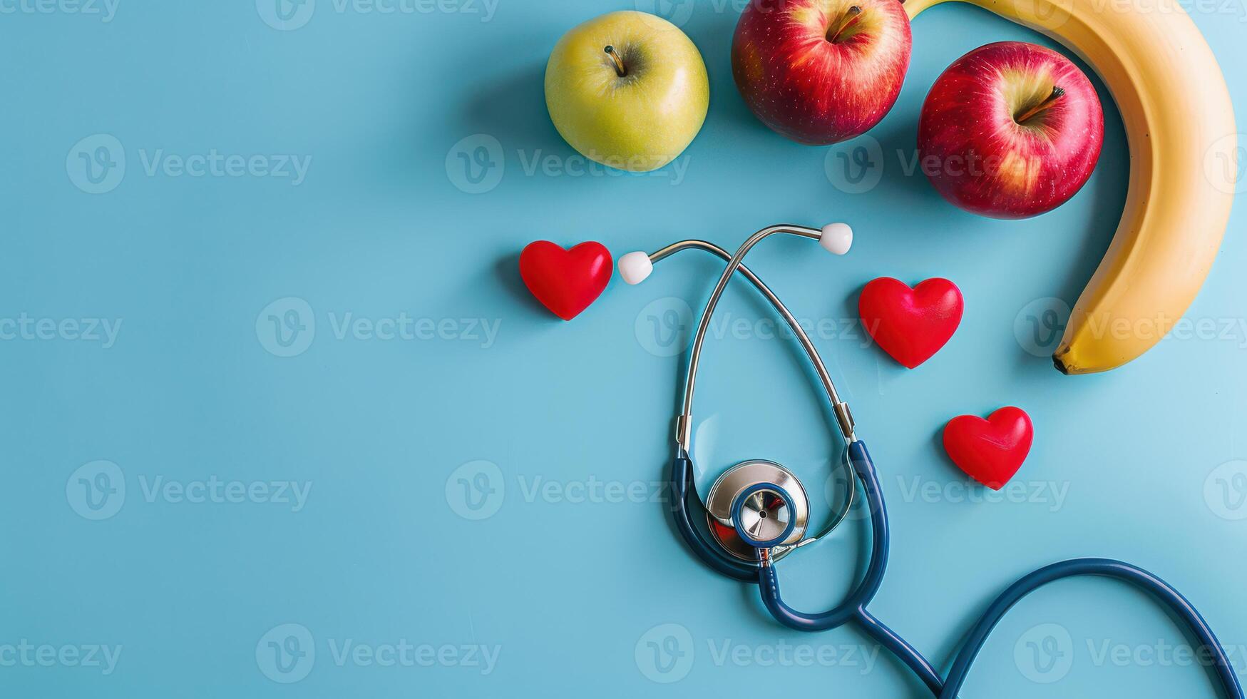A stethoscope surrounded by apples, bananas and hearts photo