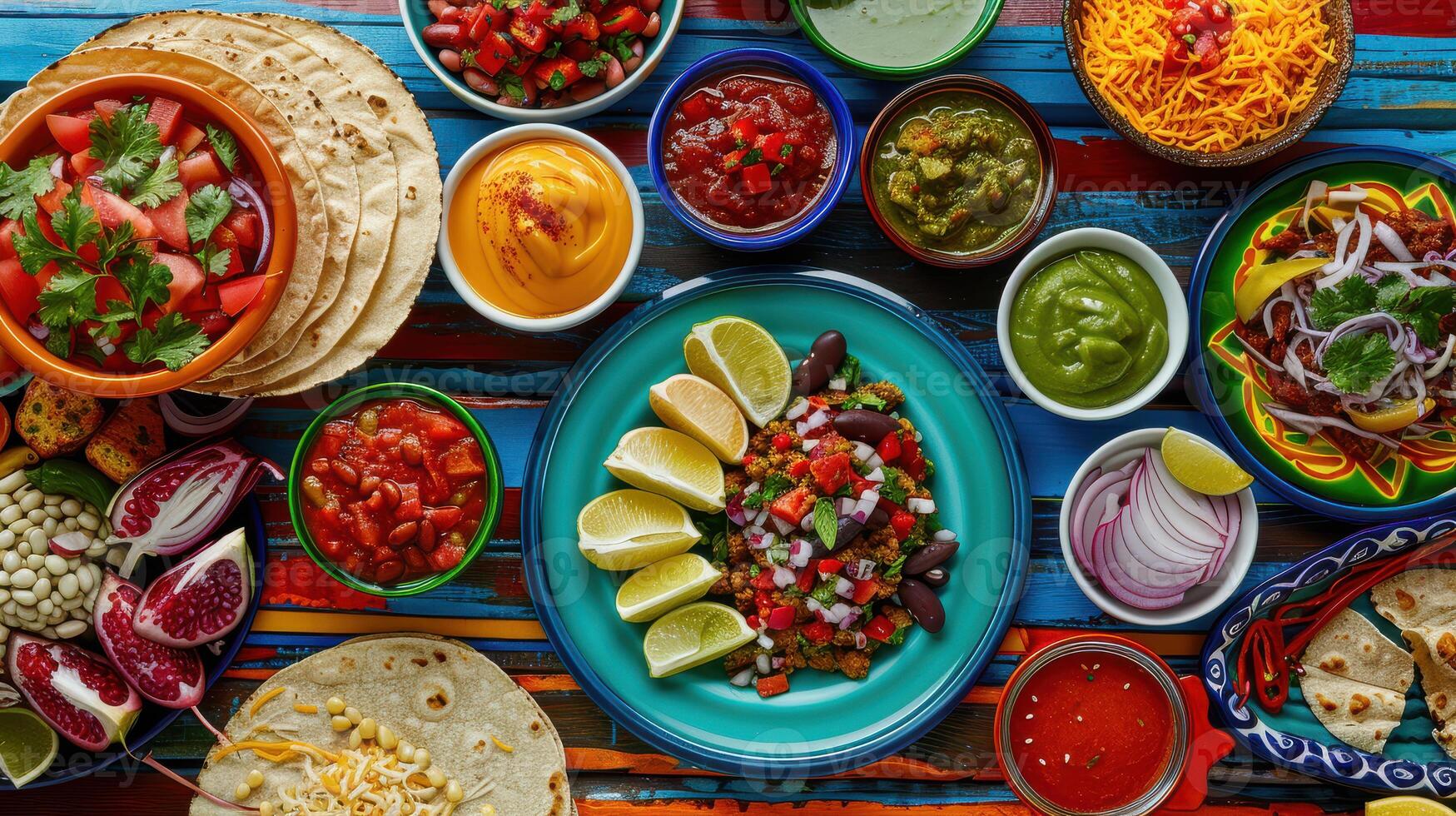 A colorful table with many different types of mexican food photo