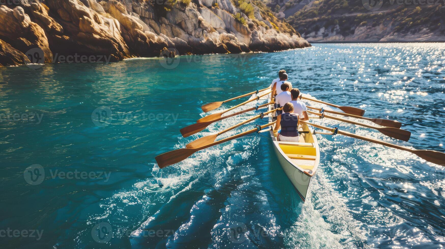 Two people in a rowboat on the ocean photo