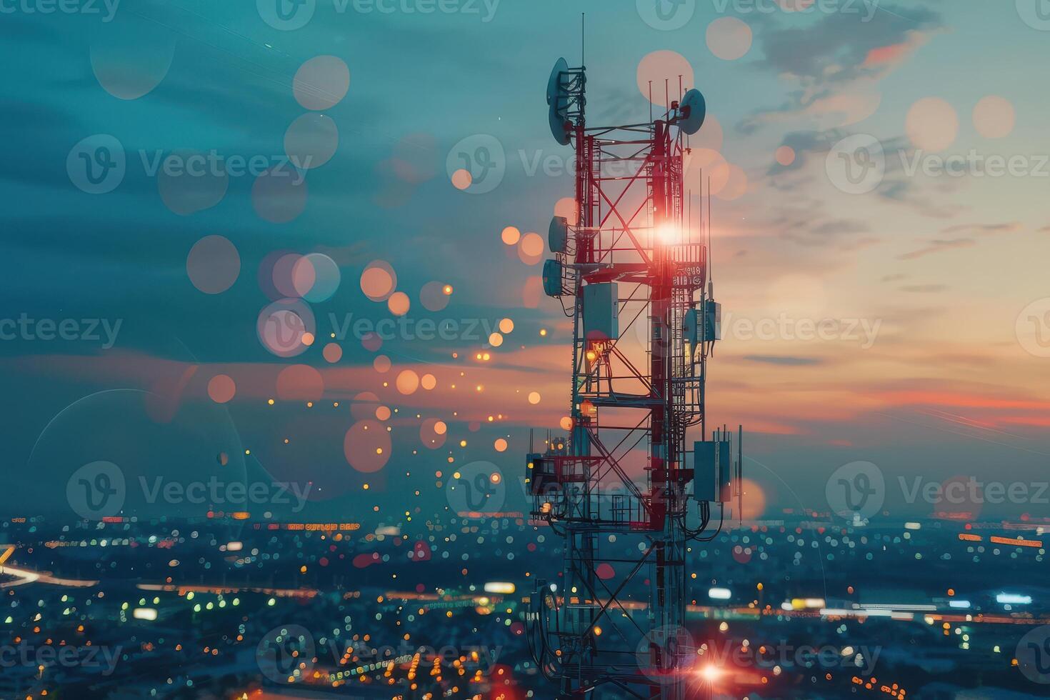 Cell tower with lights and bokeh effect photo