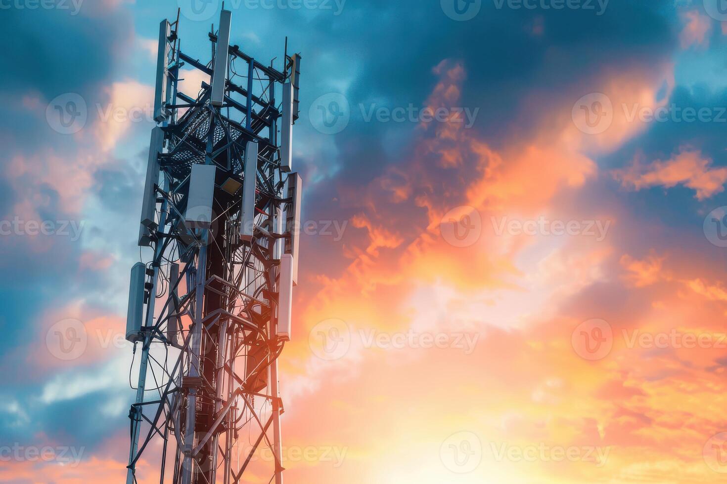 A cell tower with a sunset in the background photo