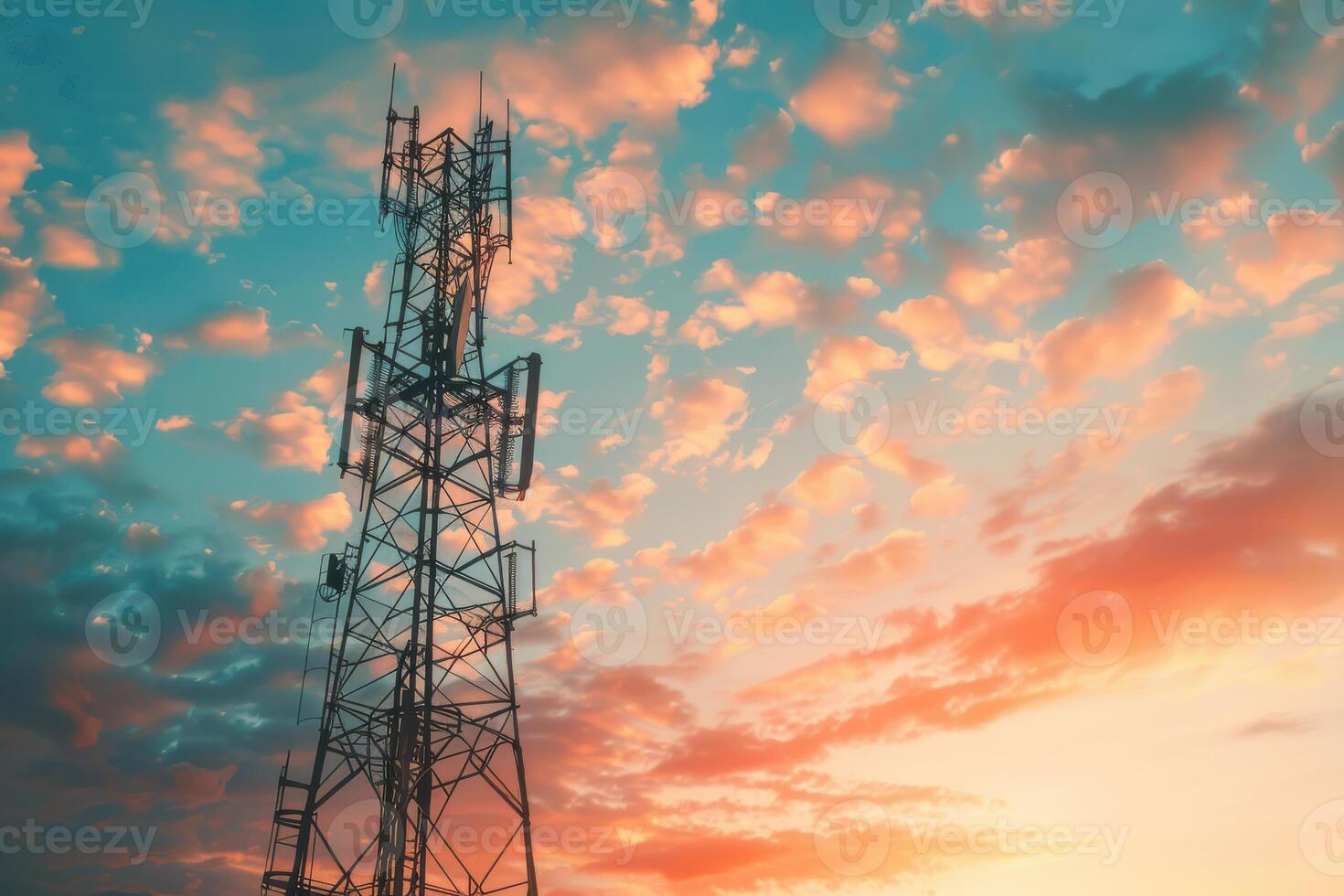 A cell tower with a sunset in the background photo