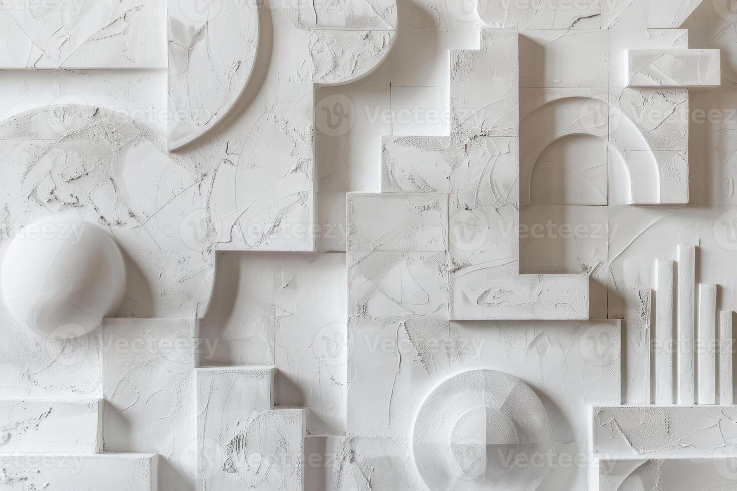 A white wall with various shapes and shapes photo