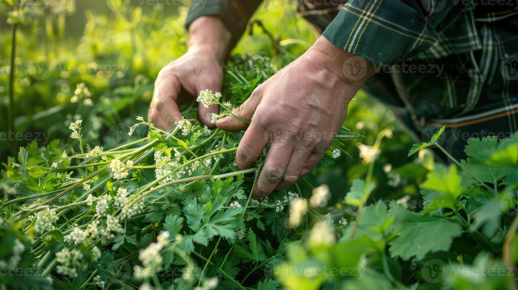 A man is picking herbs from a field photo