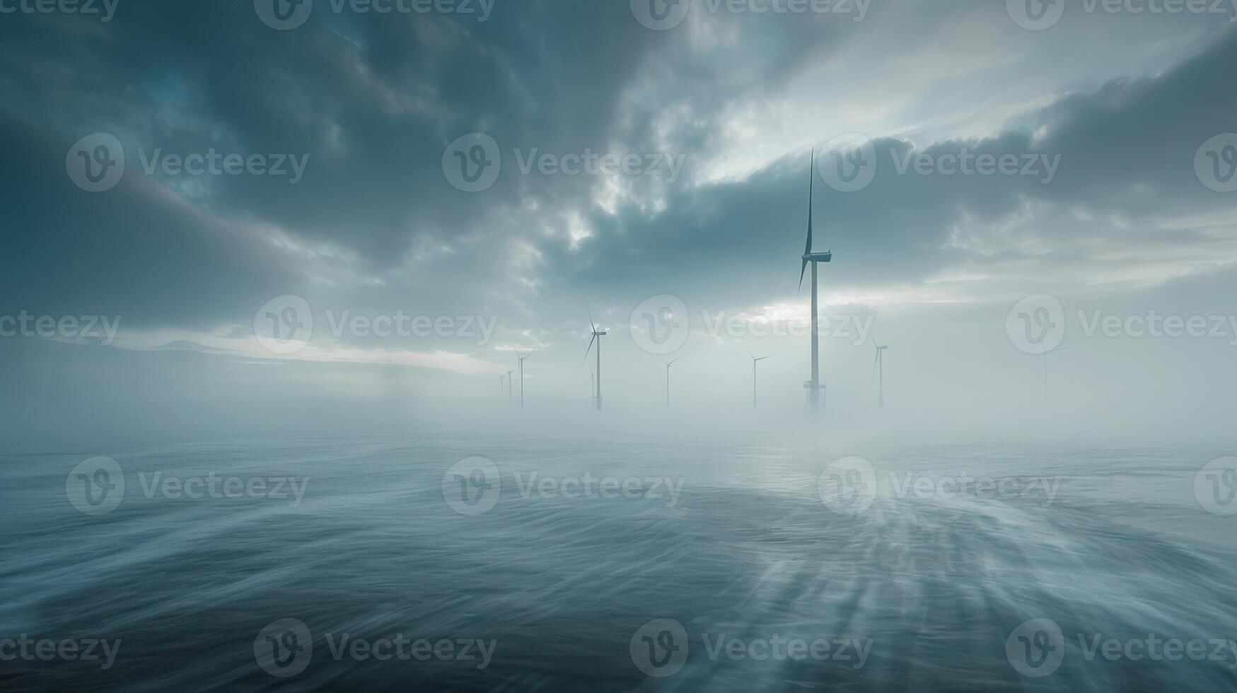 Wind turbines in the fog on a cloudy day photo