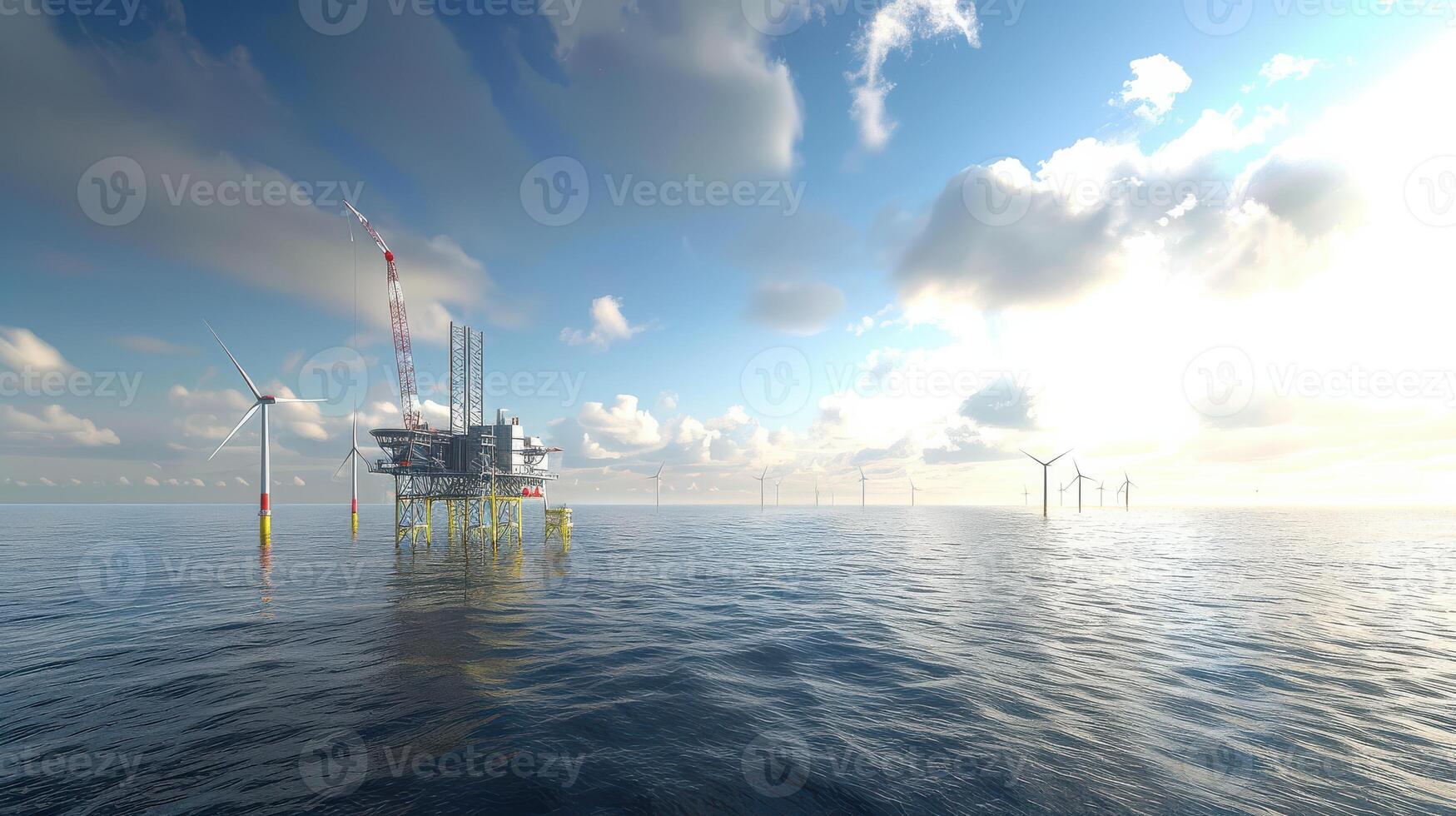 An oil rig in the ocean with wind turbines photo