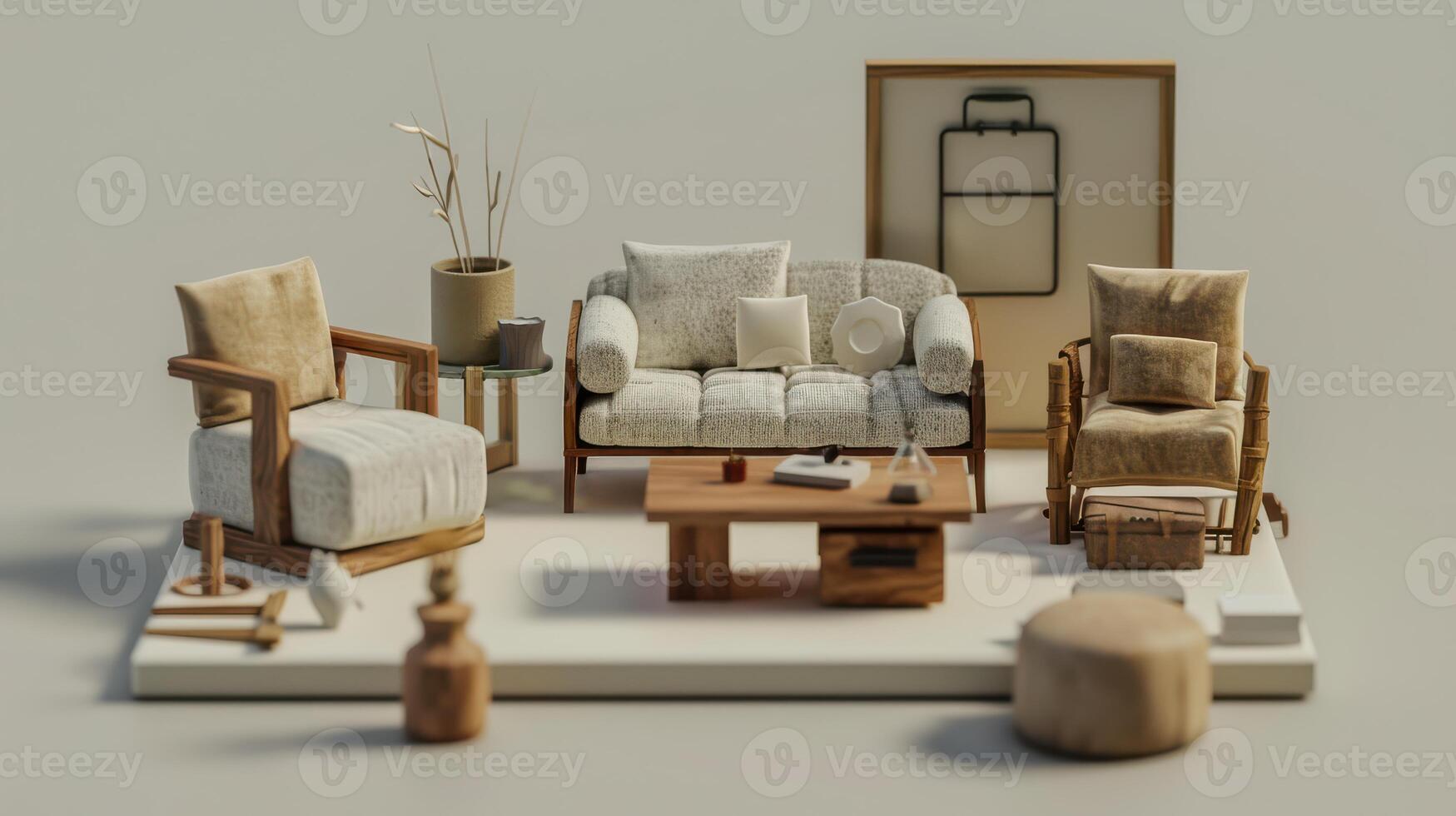 A set of furniture and a table with a chair photo