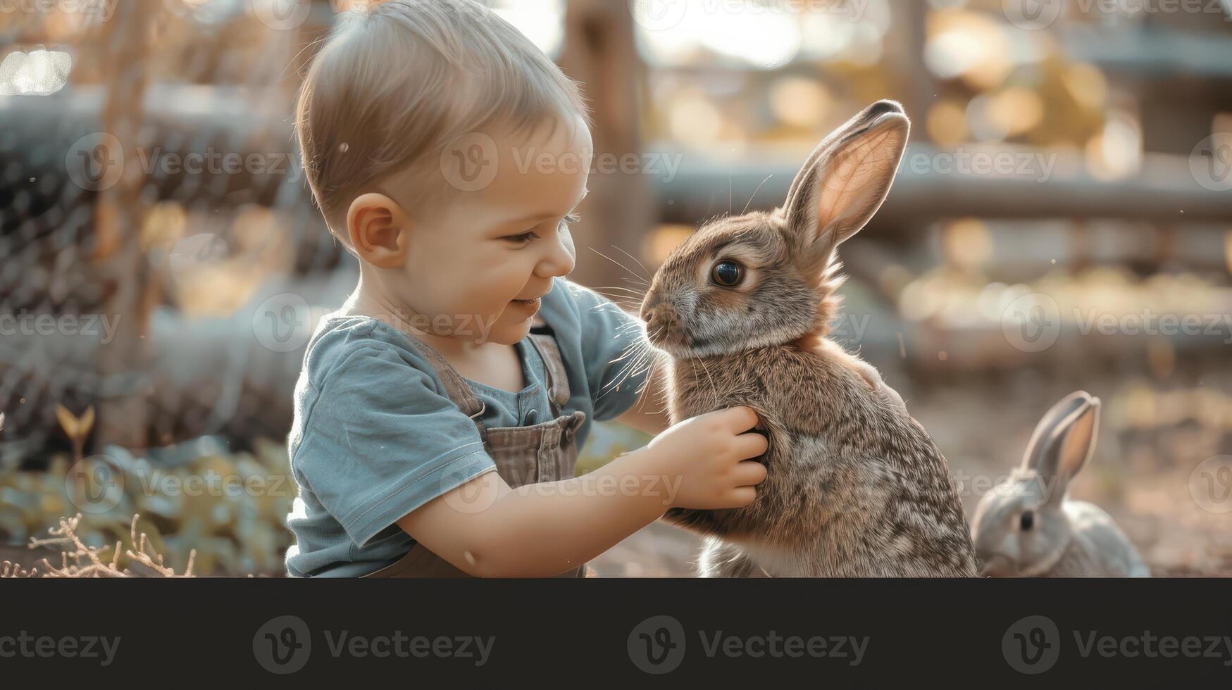 A baby is petting a rabbit in the grass photo