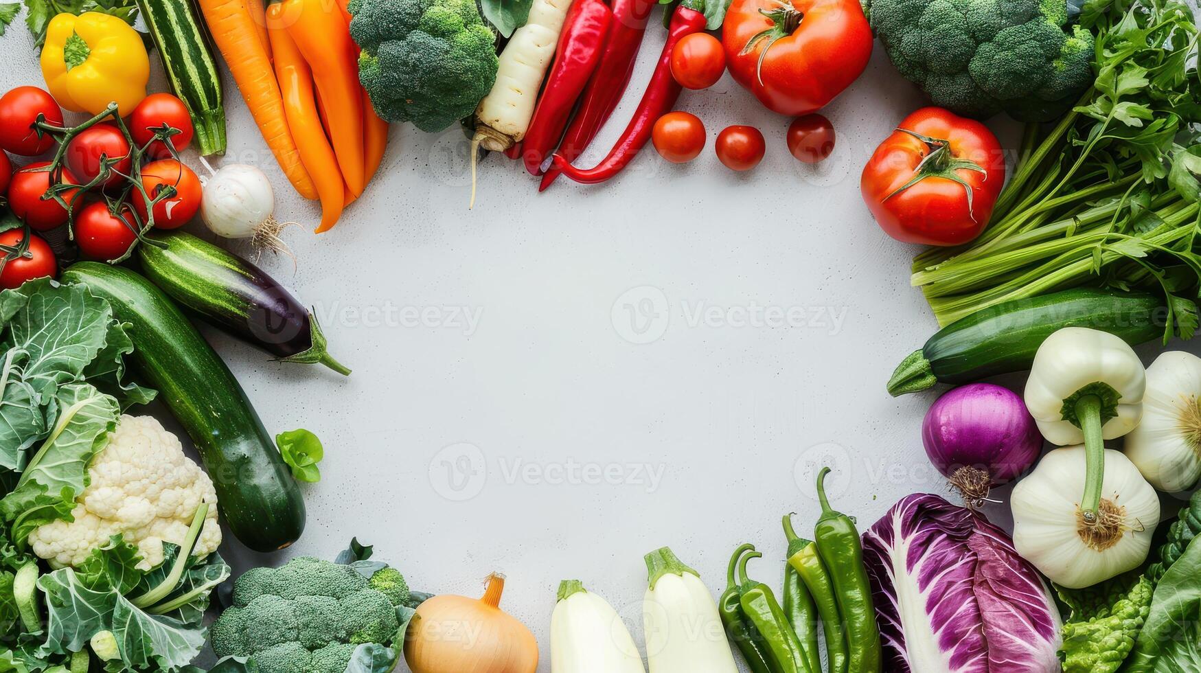 Fresh vegetables arranged in a circle on a white background photo
