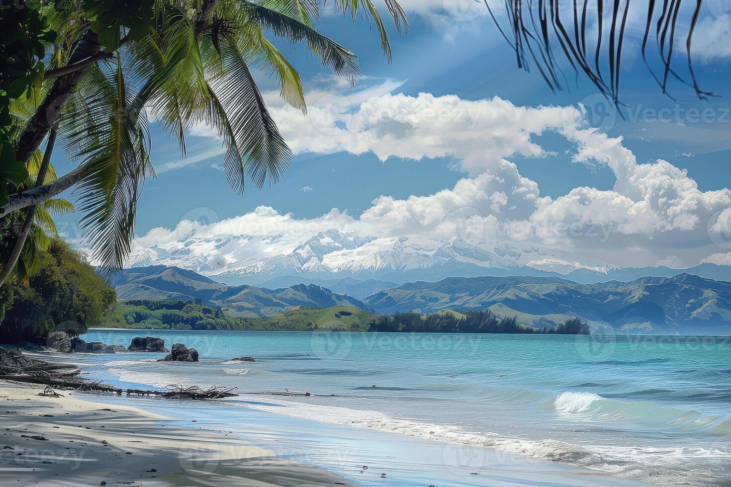 A tropical beach with palm trees and mountains photo