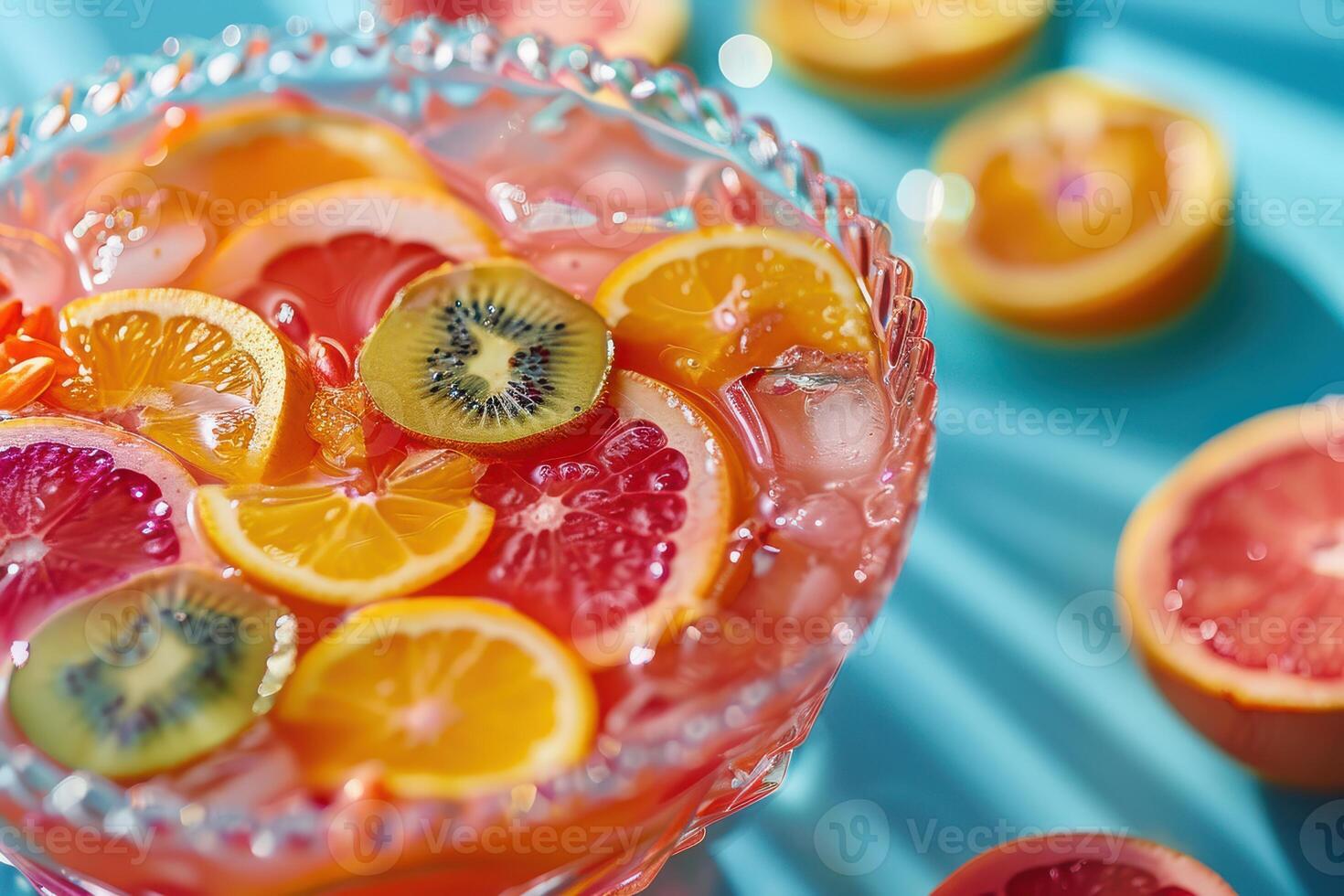 A glass of orange juice with sliced kiwi and grapefruit photo