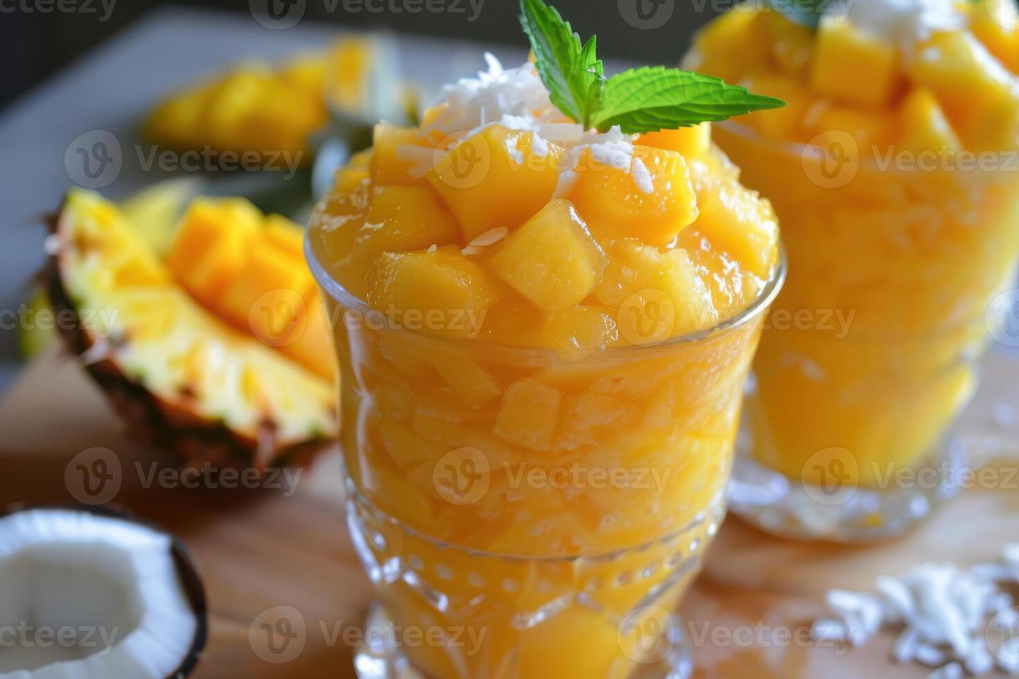 Two glasses of mango smoothie with coconut and mint photo