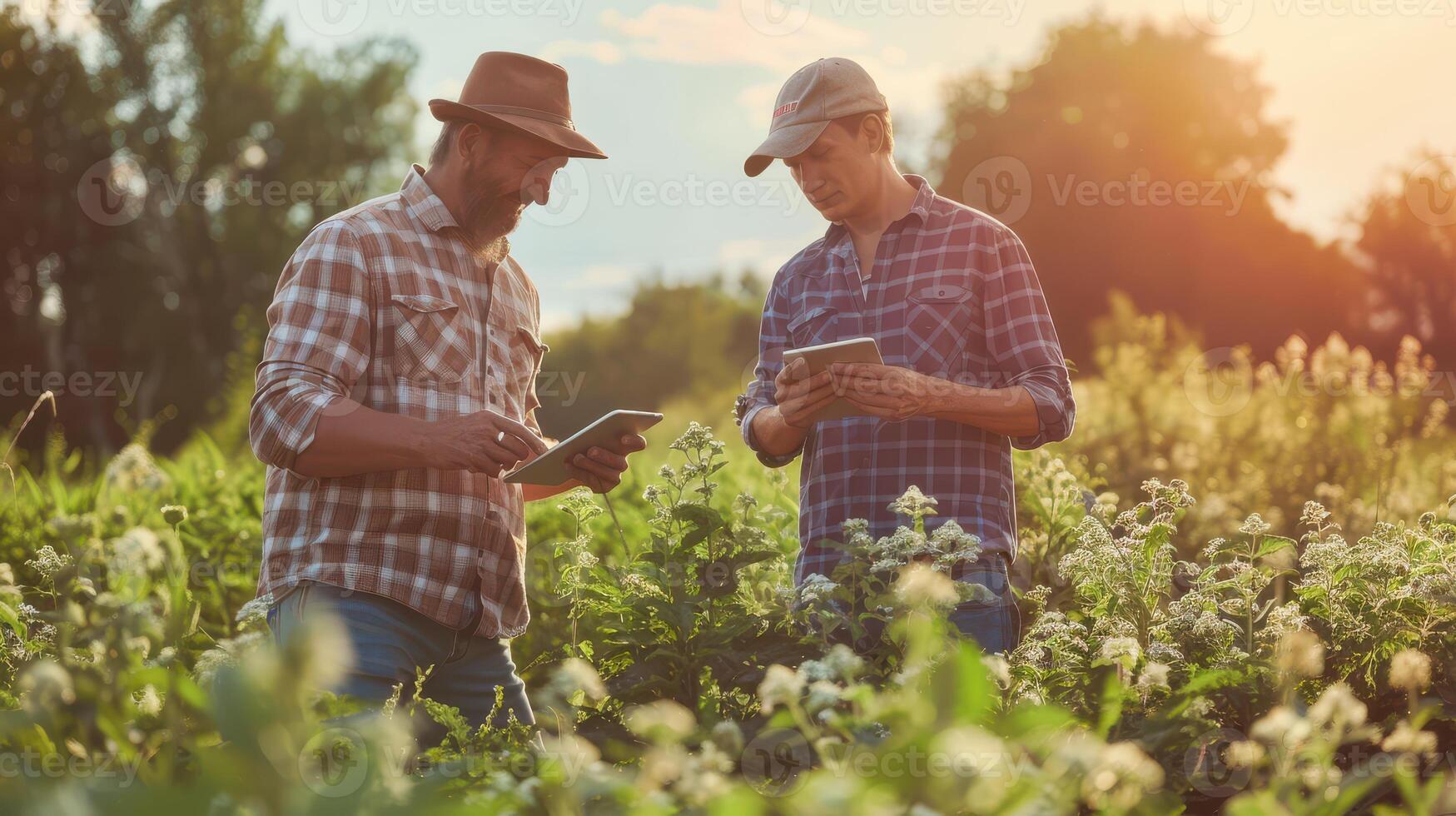 Two men in a field with a tablet photo