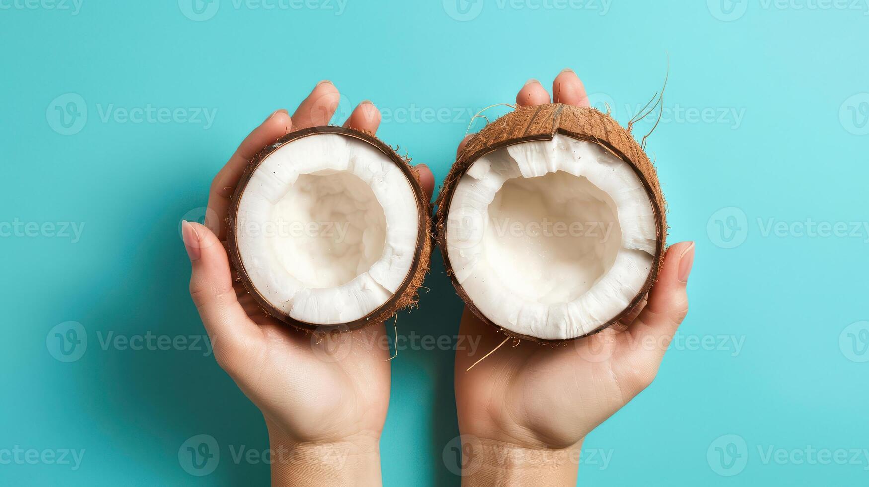 Two hands holding a coconut half open on a blue background photo