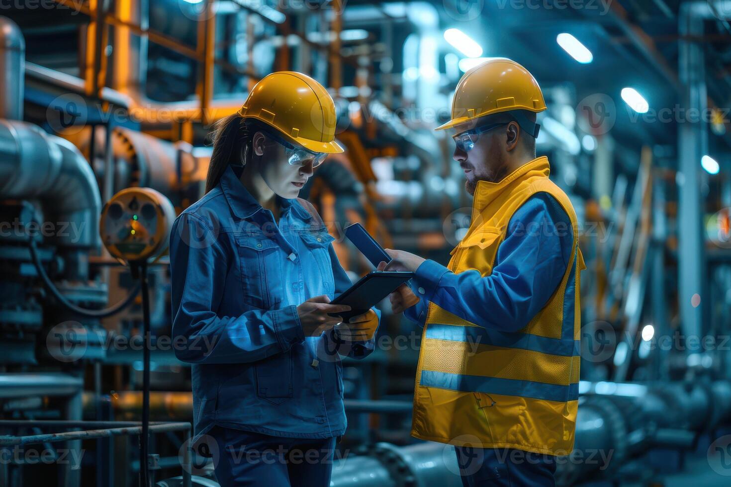 Two workers in hard hats standing in front of pipes photo