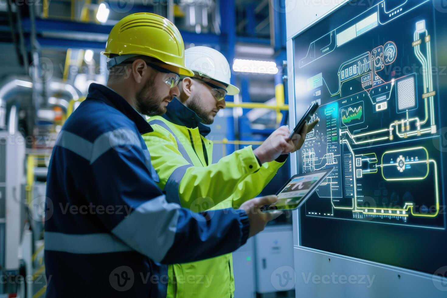Two men in hard hats looking at a computer screen photo