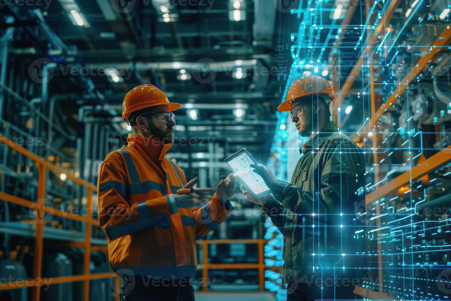 Two men in hard hats standing in front of a computer screen photo