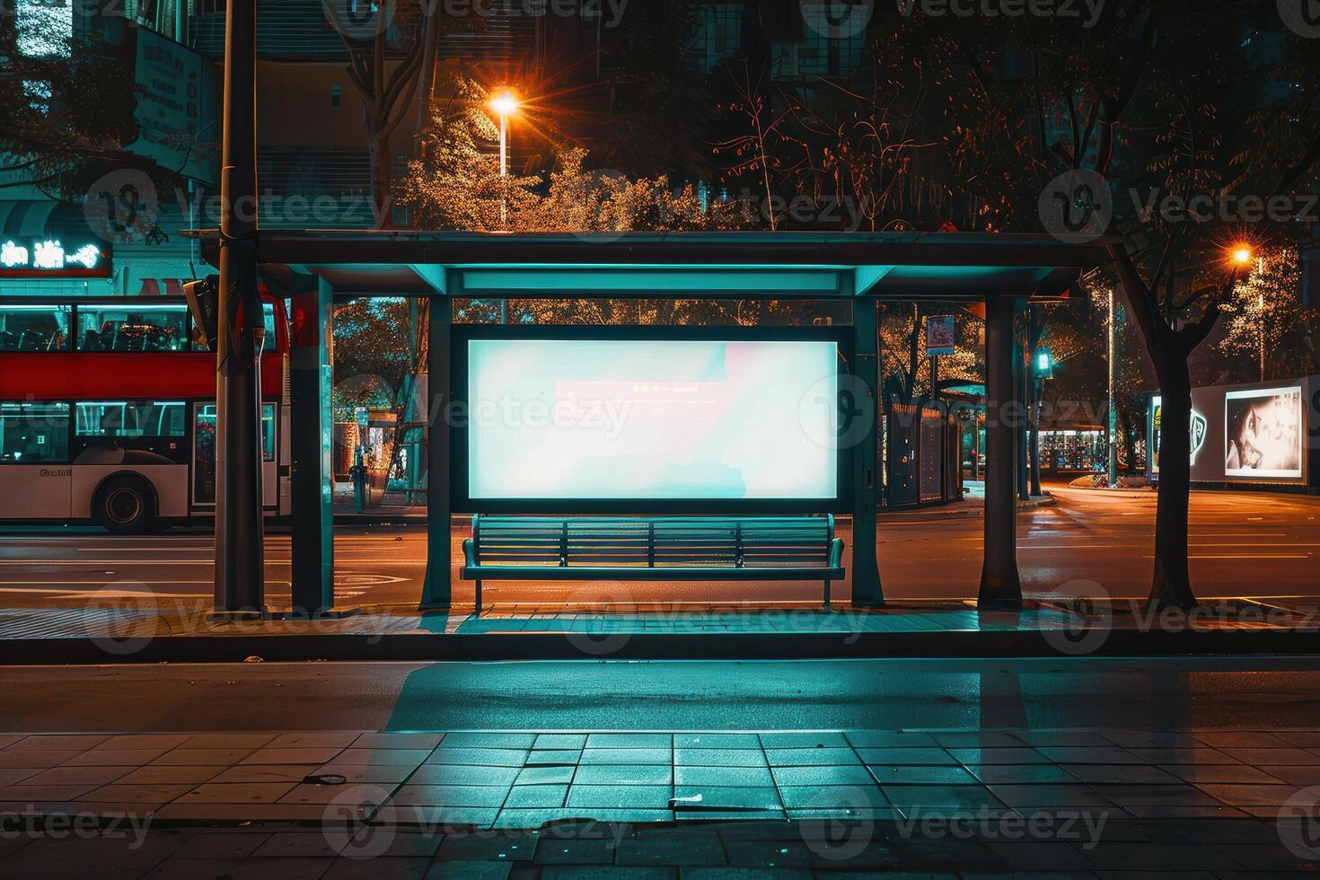 A bus stop with a billboard on it photo