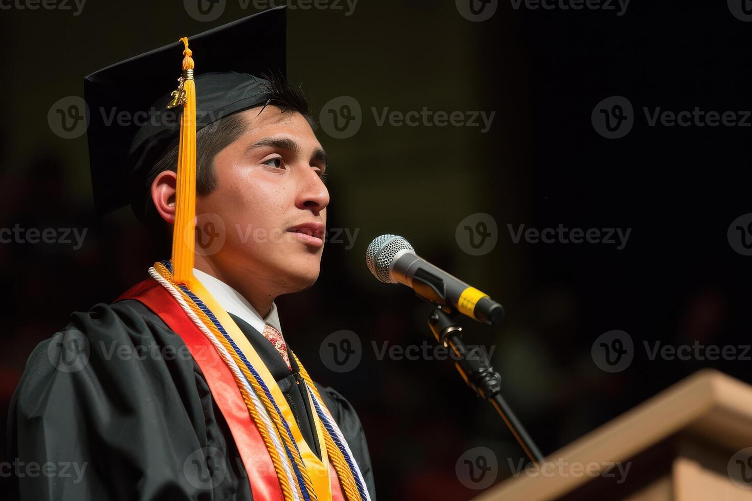 A young man in a graduation gown speaking into a microphone photo