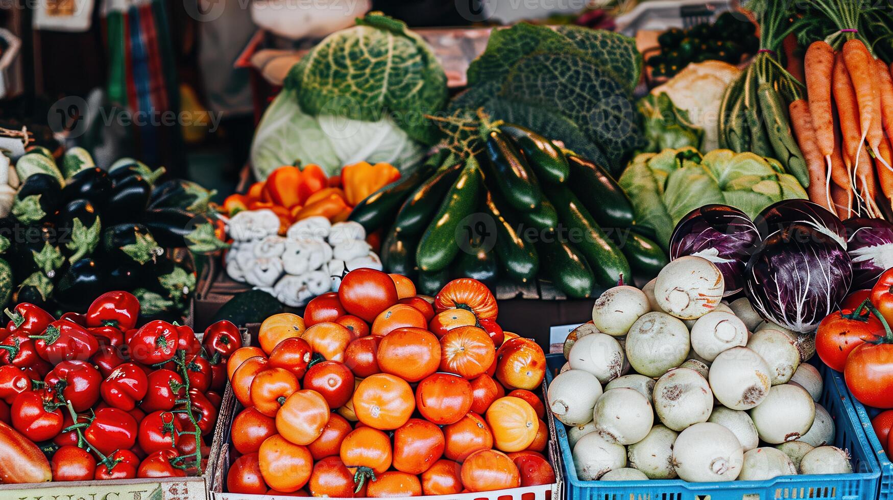 A variety of vegetables and fruits are displayed in a market photo