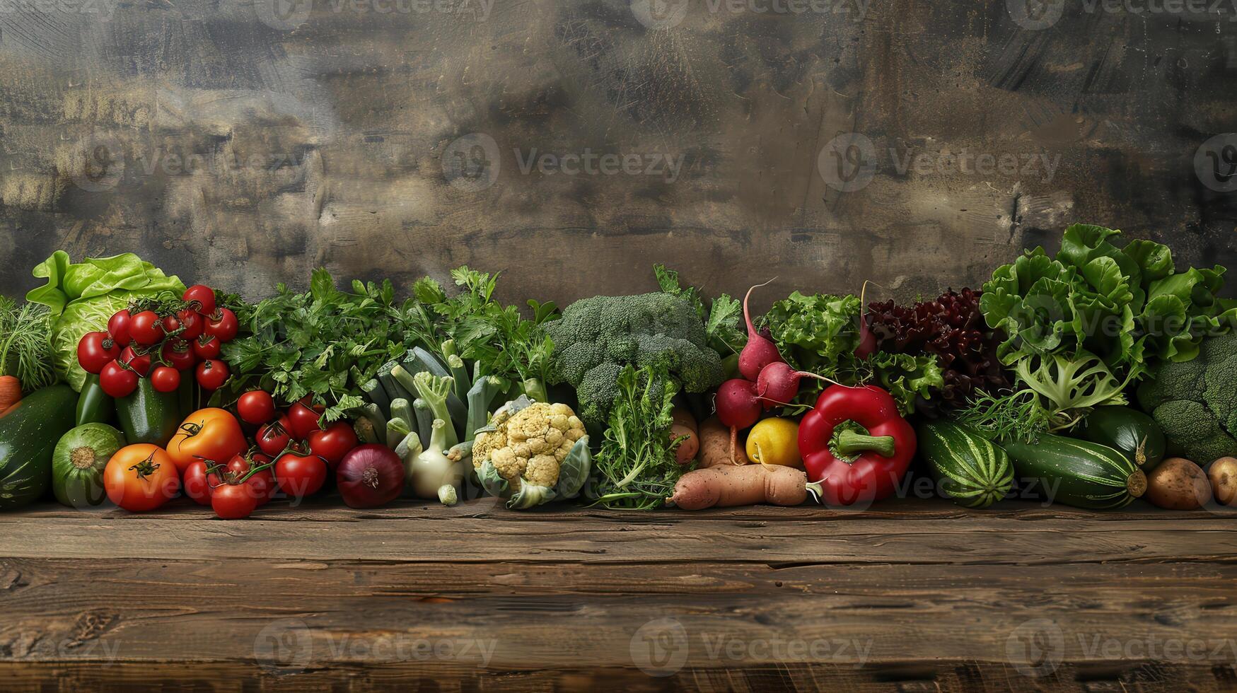 A row of fresh vegetables on a wooden table photo