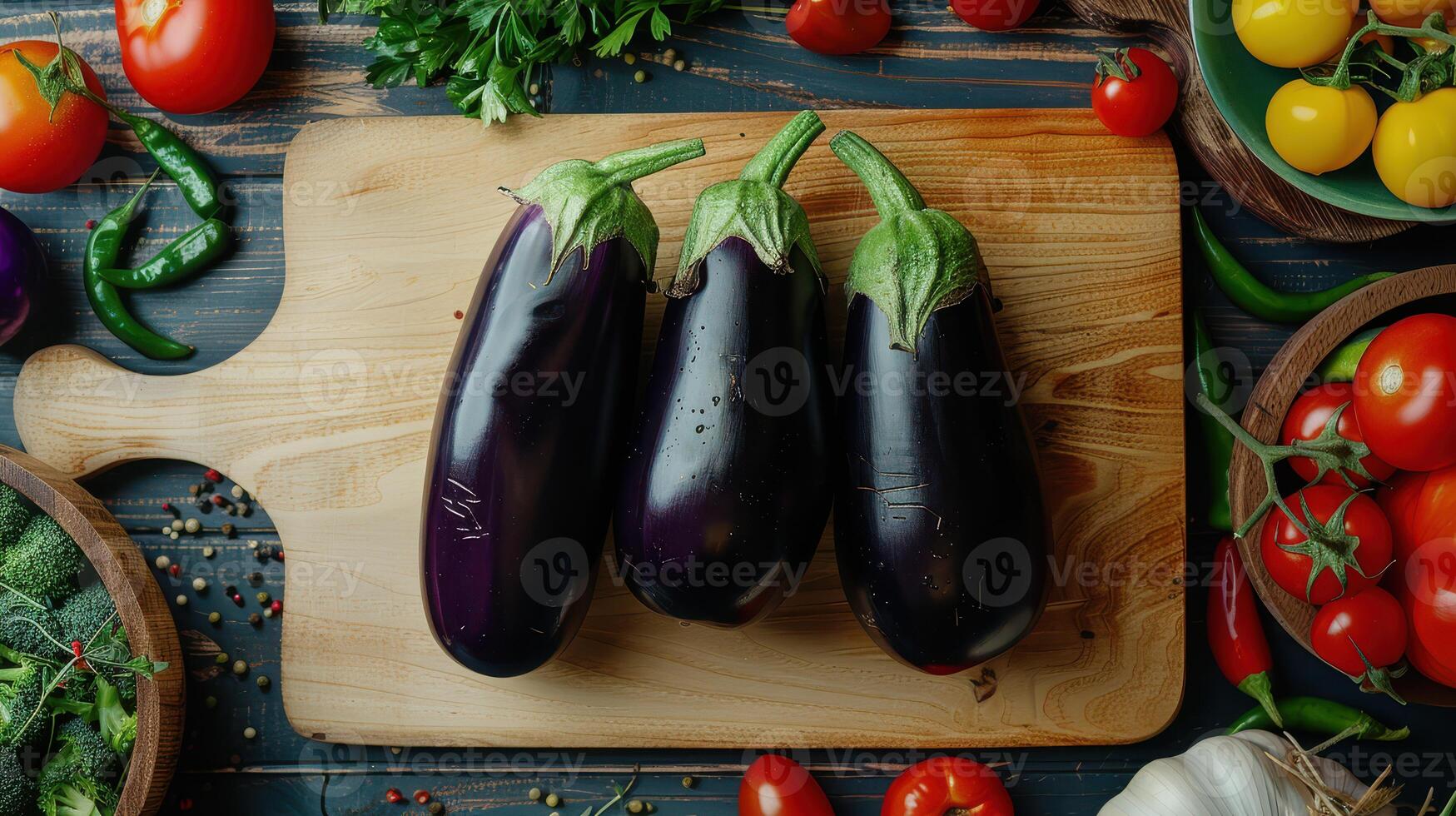 Three eggplants are sitting on a cutting board with other vegetables photo
