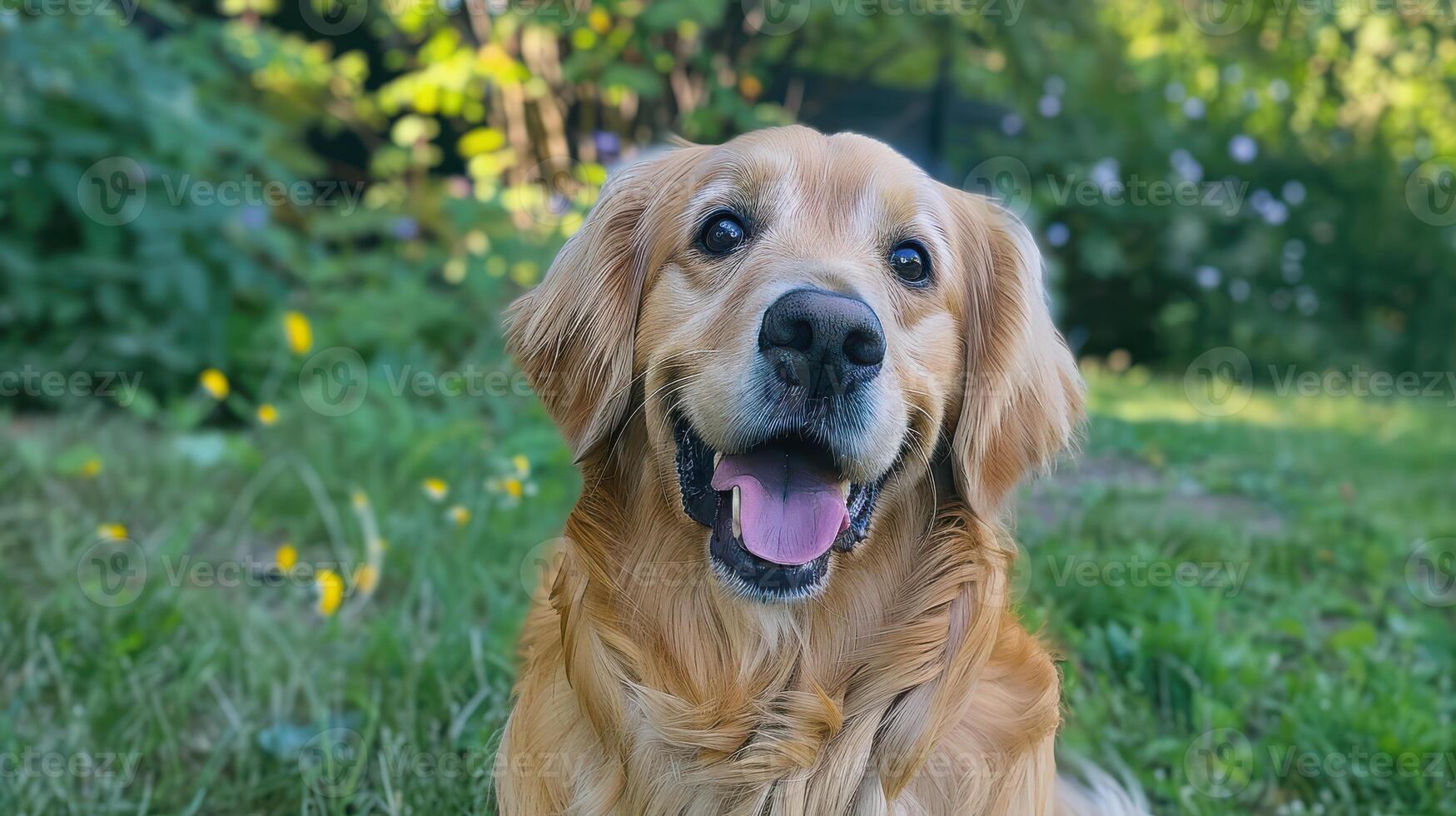 A golden retriever is sitting in the grass photo