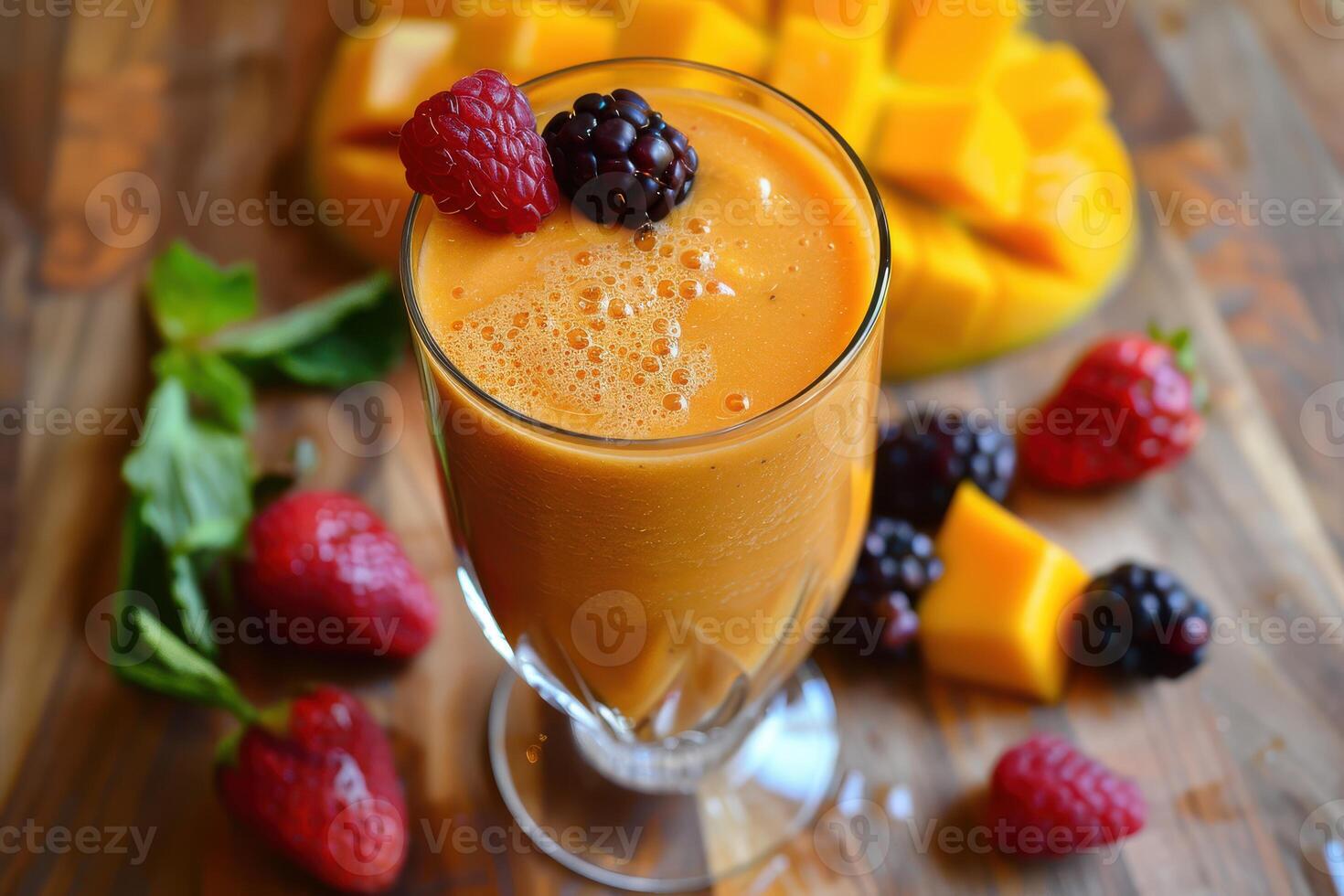 A smoothie with berries and fruit on a table photo