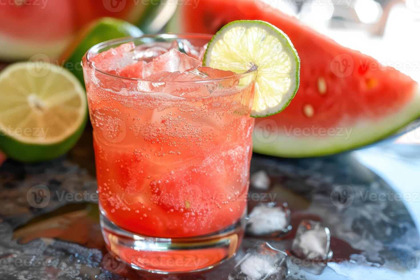 A watermelon and lime cocktail with a slice of lime photo