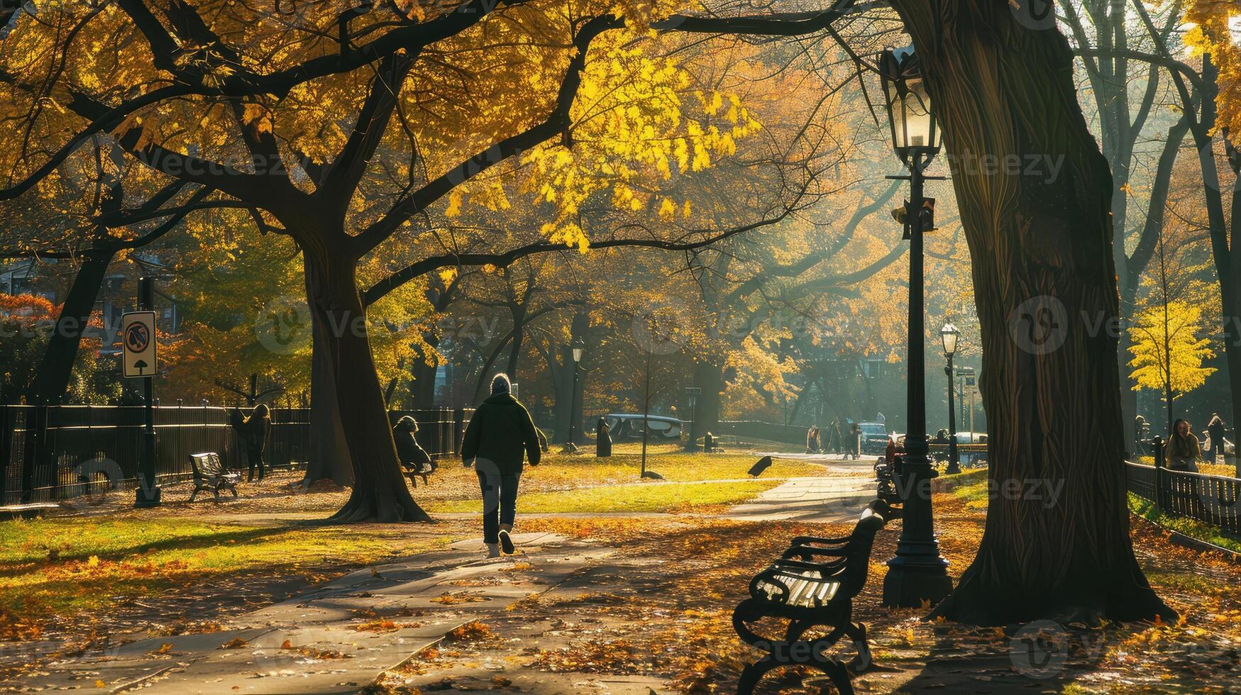 A person walking down a path in the fall photo