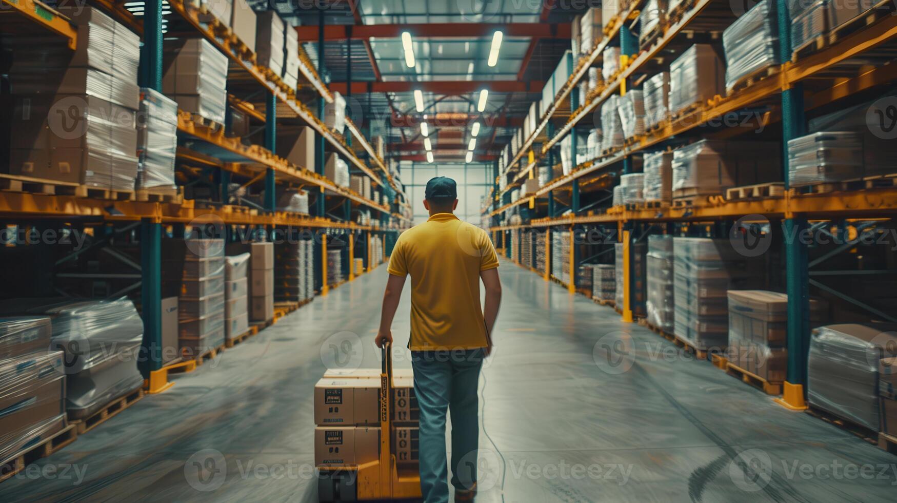 A man is walking through a warehouse with boxes photo