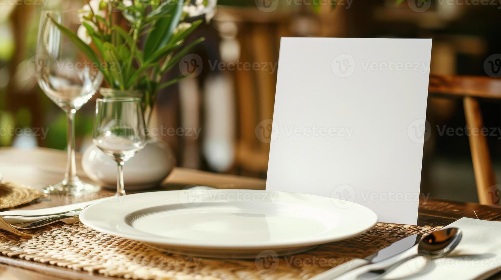 A blank white card is placed on a table photo