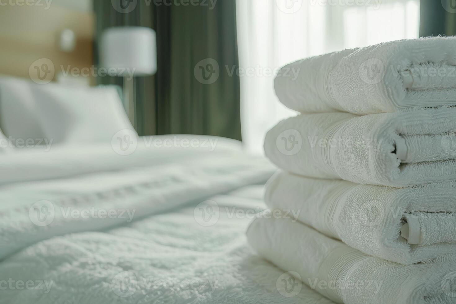 A stack of white towels on a bed photo