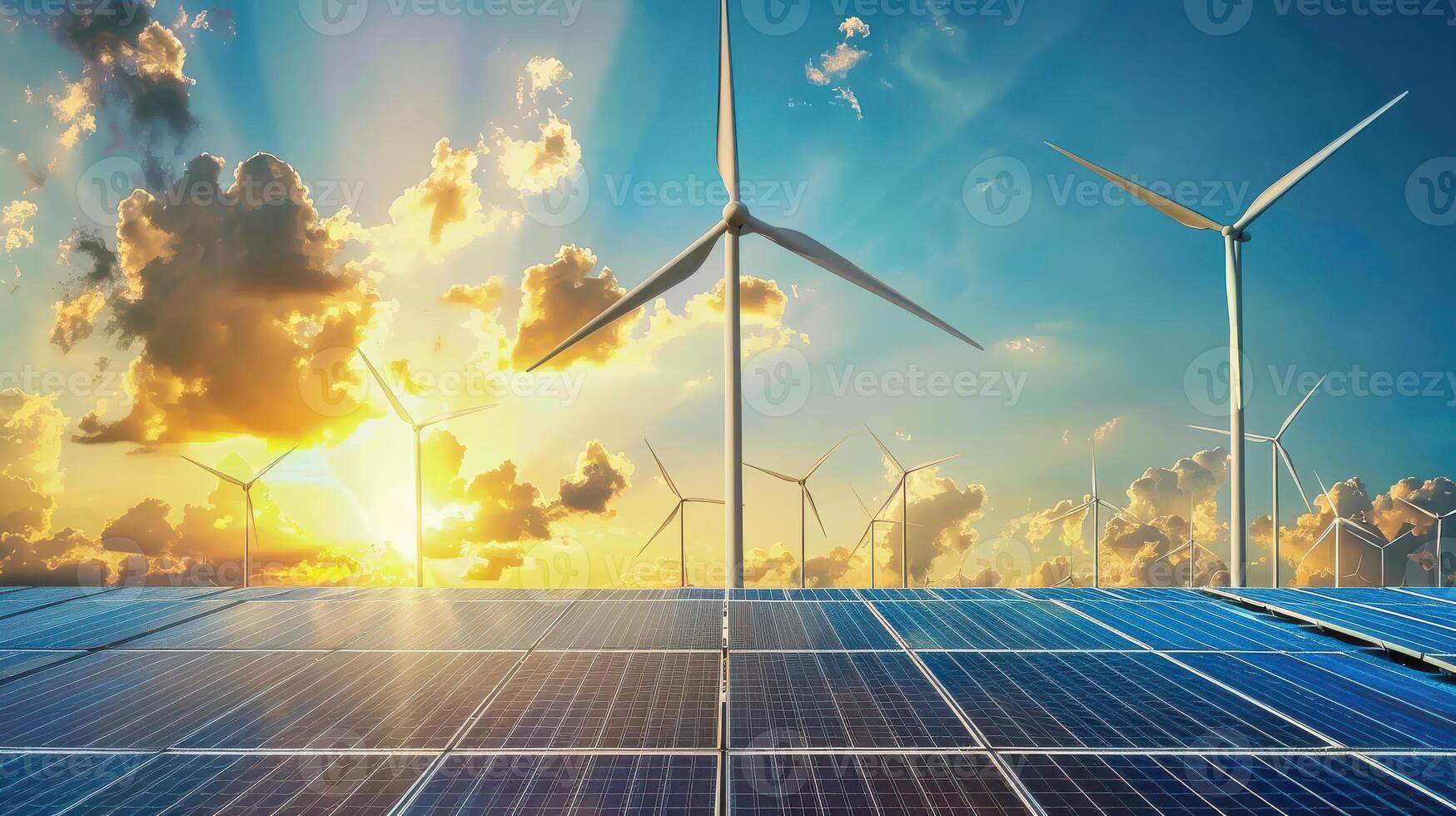 Solar panels and wind turbines in the sky photo