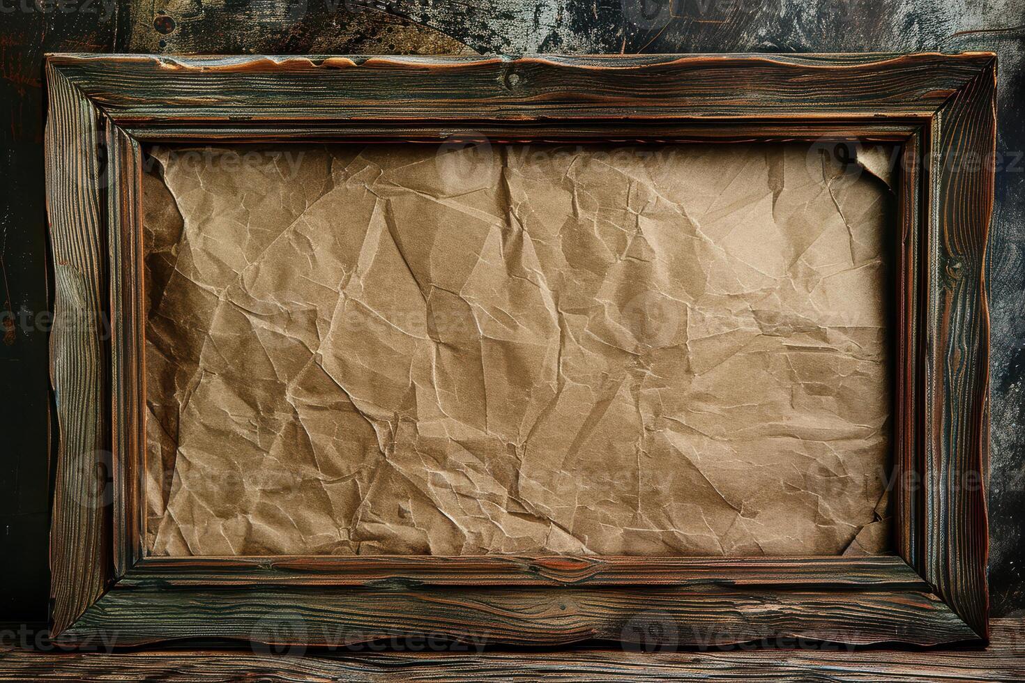 A brown paper crumpled frame on a wooden table photo