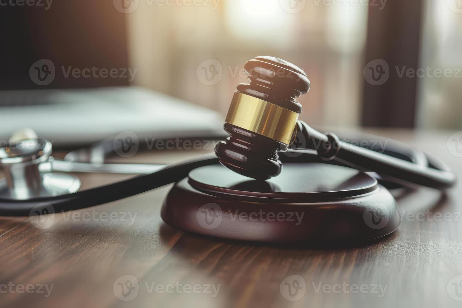 A gavel and stethoscope on a wooden table photo