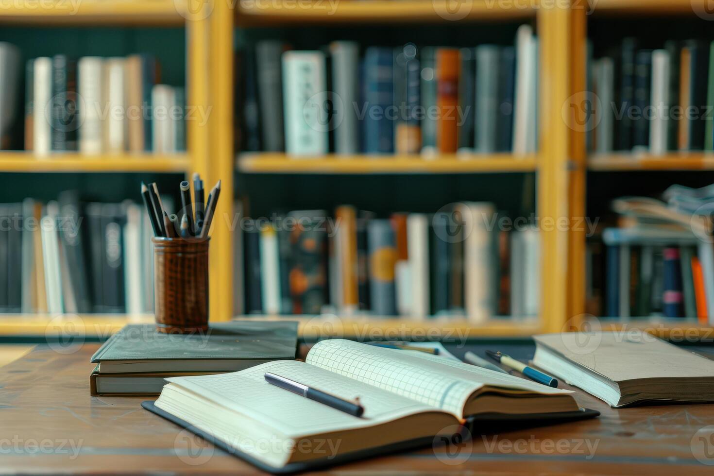 A wooden desk with a bookcase in the background photo