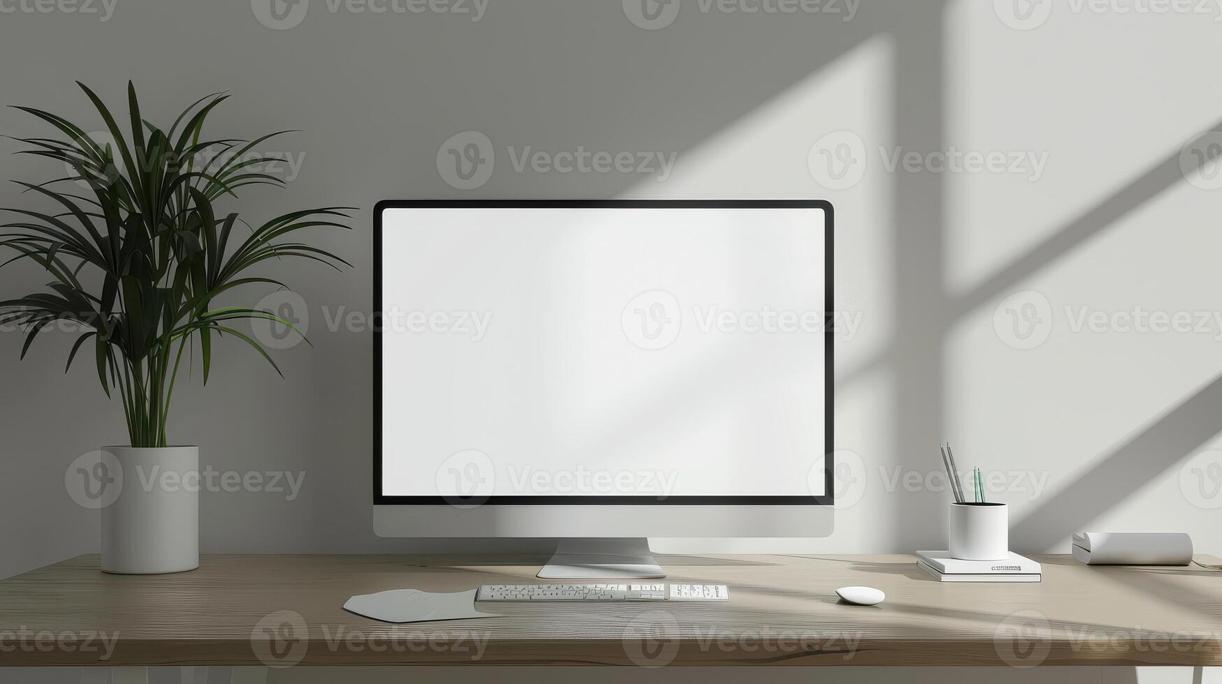 A computer monitor on a desk with a plant photo