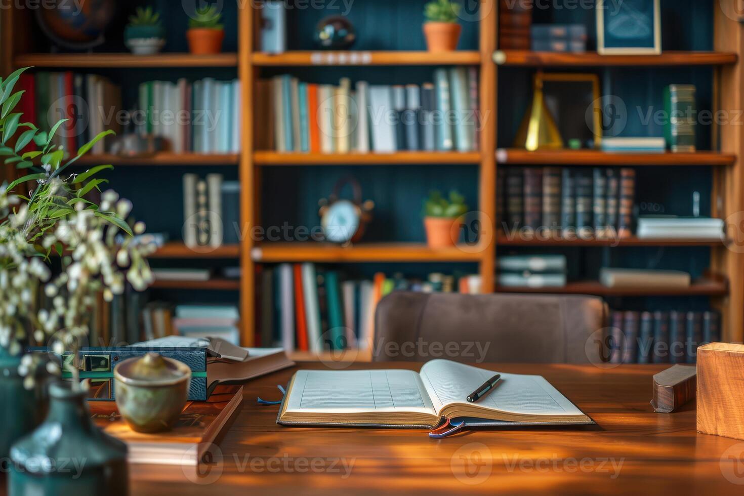 A desk with a book, a laptop and a vase of flowers photo