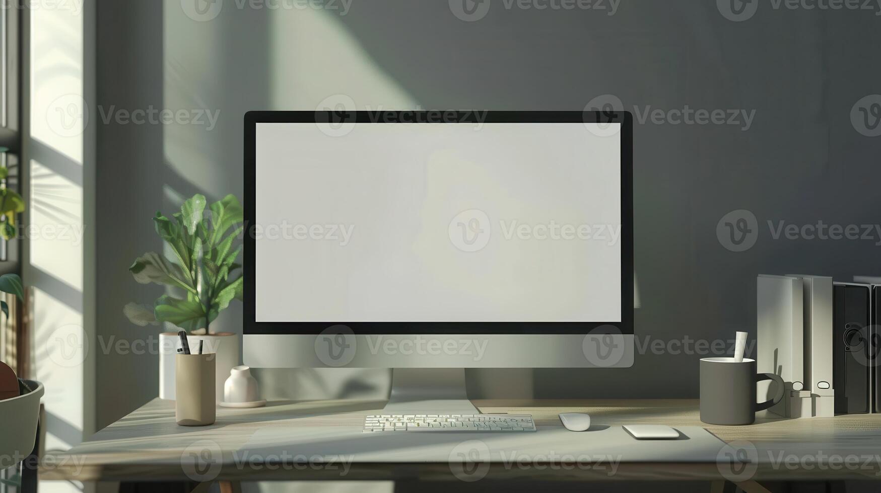 A computer screen on a desk in front of a window photo