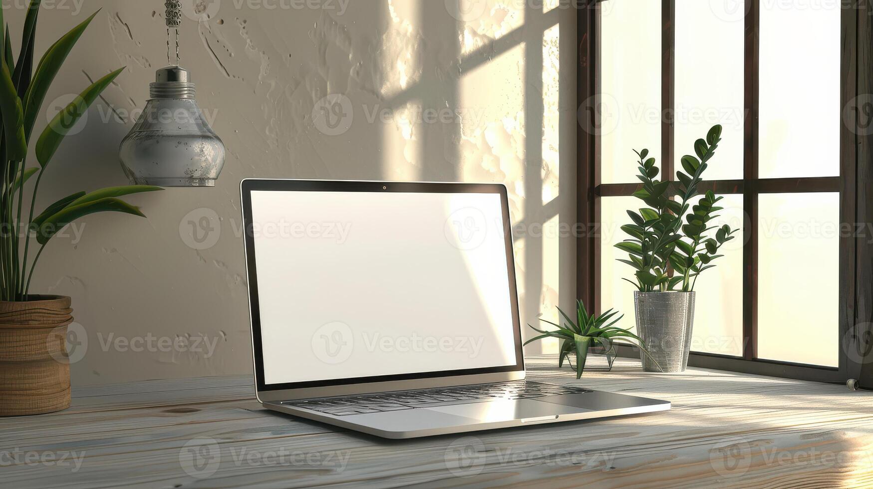 Laptop on wooden table with potted plant in front of window photo