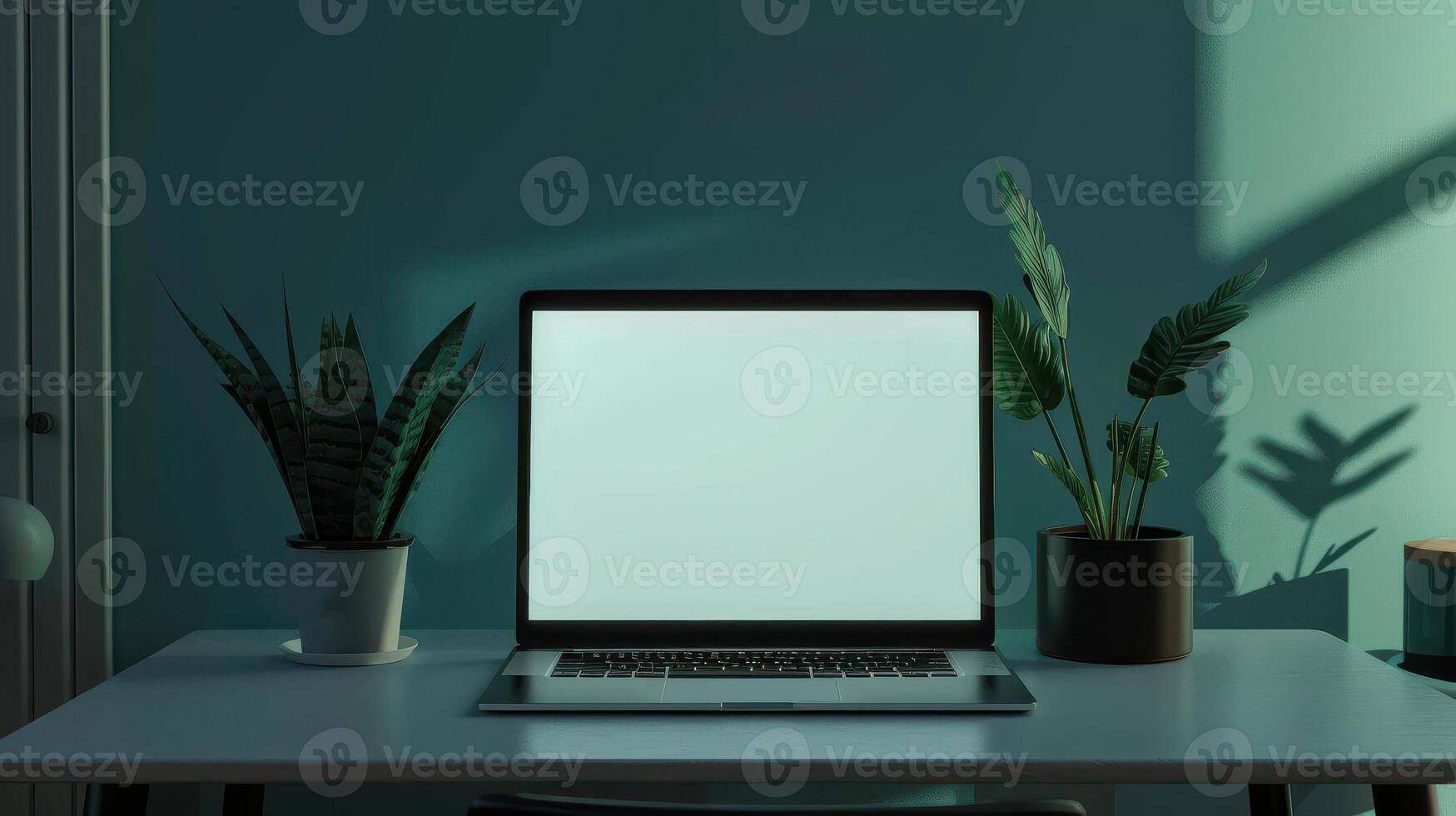 A laptop sitting on a desk with a plant in front of it photo
