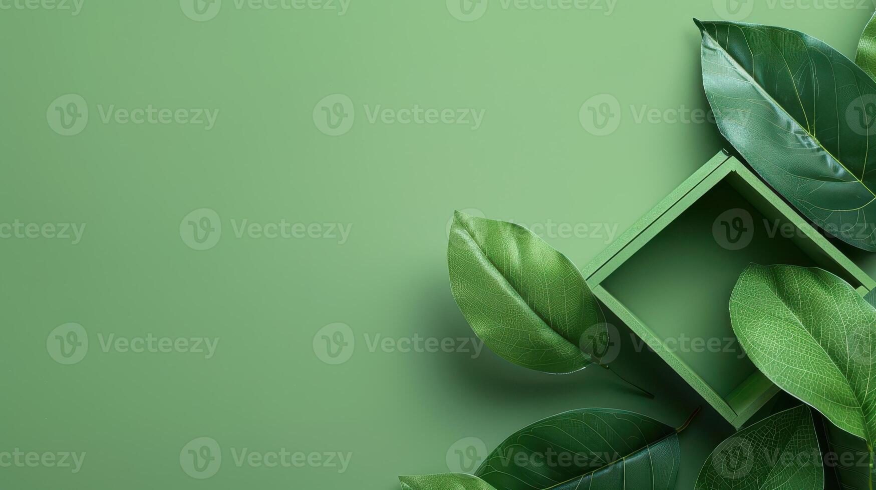Green leaves and a cube on a green background photo