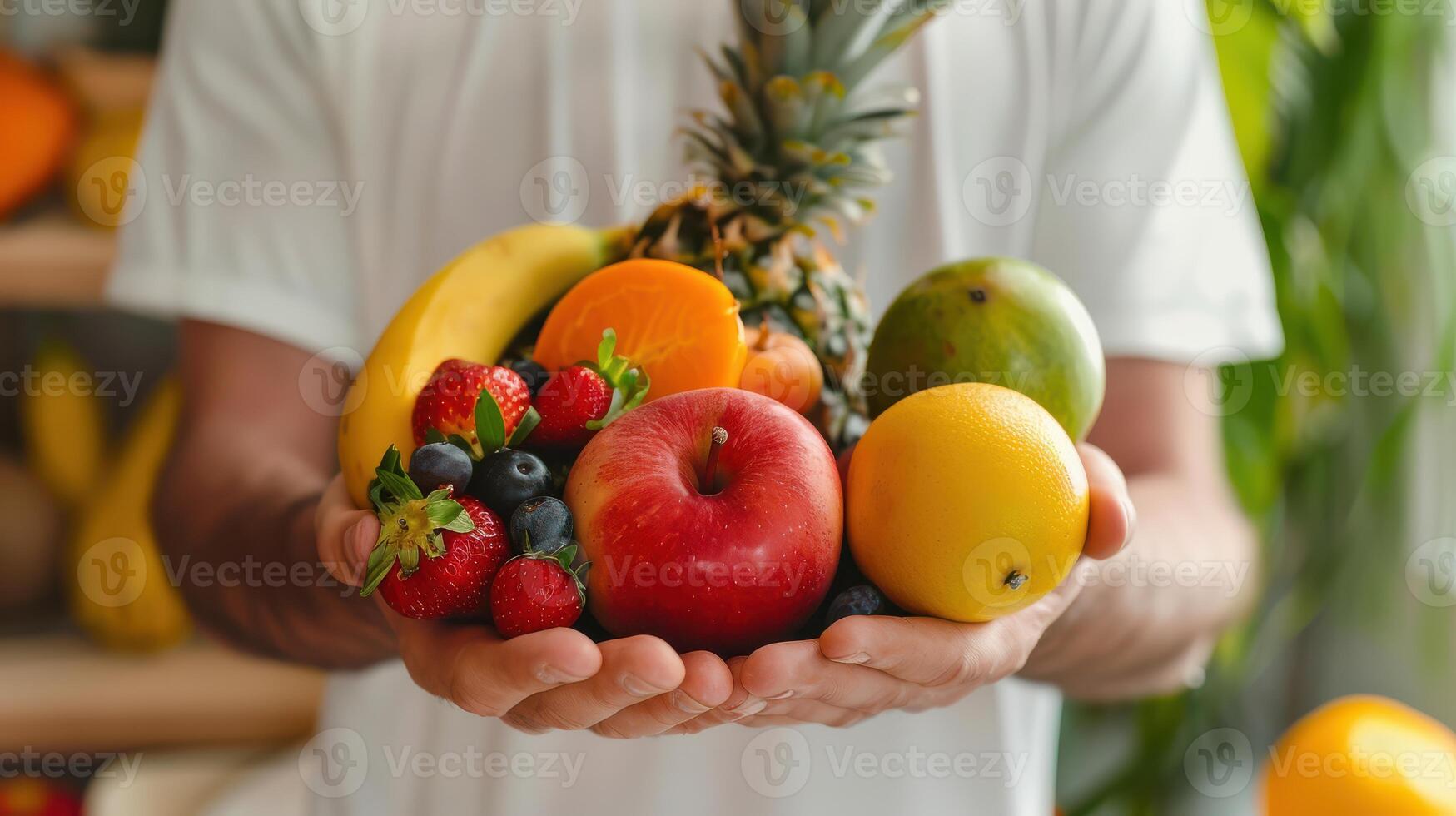 A man holding a bowl of fruit in front of him photo