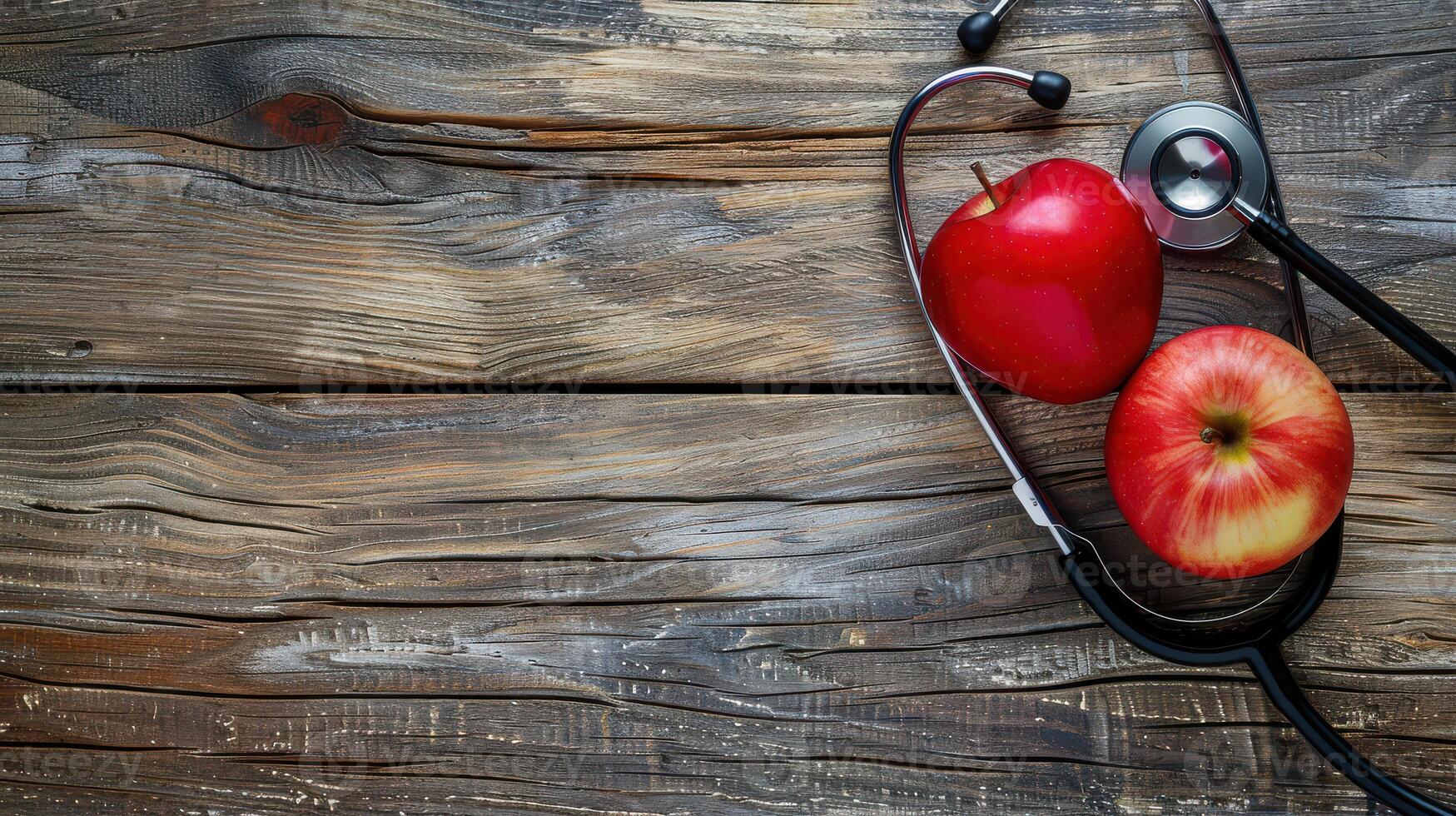 An apple and stethoscope on a wooden table photo